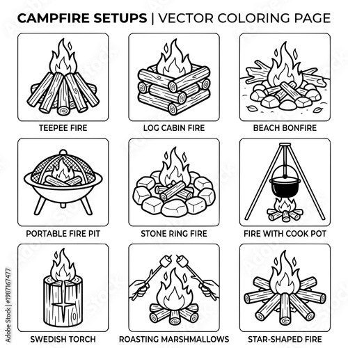 Various Campfire Setups Depicted in a Black and White Vector Coloring Page.