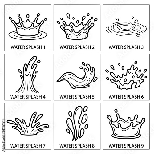 Artistic Water Splash Illustrations in Black and White for Design.
