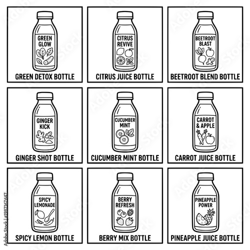 Assortment of Freshly Bottled Juices for Healthy Lifestyle Choices.