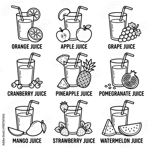 Assortment of Fresh Fruit Juices in Glasses with Straws.