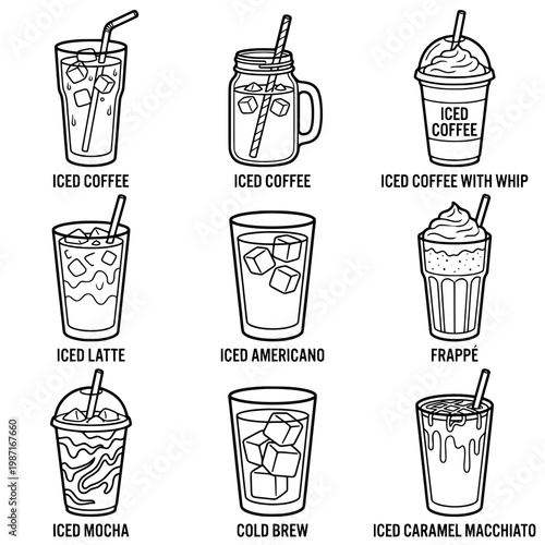 Assortment of Refreshing Iced Coffee Beverages in Various Styles.