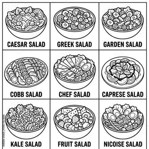 Assortment of Fresh and Delicious Salads in Various Bowls.