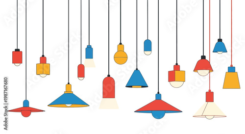 A colorful array of hanging lamps in various shapes and sizes against a white background