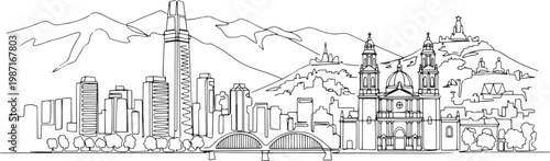 Continuous single line drawing of Santiago skyline, Chile capital city landmark outline