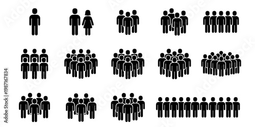 Minimalist people icon set, black crowd and group silhouettes, human figures collection for business infographics and community charts