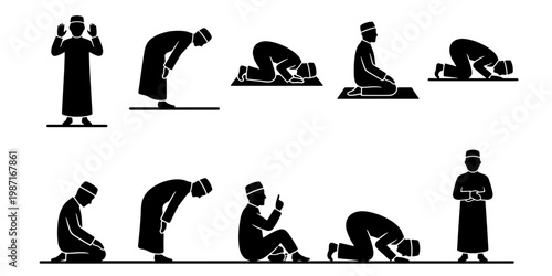 Muslim prayer positions silhouette set, Islamic salat movements vector icons, religious worship steps for man in traditional clothing