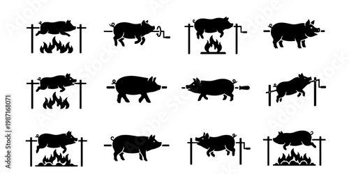 Pig roast silhouette icons, set of 12 spit roasted pork vector elements, barbecue hog roast over open fire, rustic meat grilling graphics