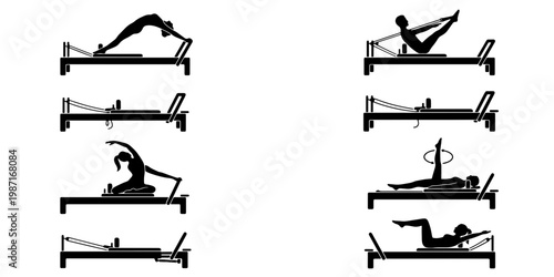 Pilates reformer exercise silhouettes, black fitness icons set of 8 workout poses, gym equipment training vector illustrations for studio branding