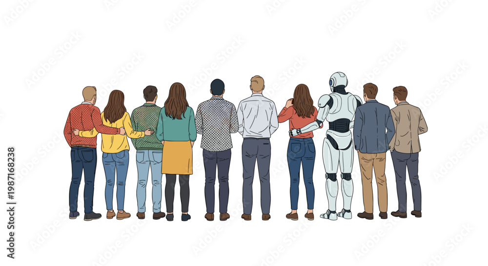 Fototapeta premium Diverse group of men and women standing with robot in line seen from behind representing human and artificial intelligence unity.