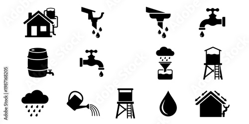 Rainwater harvesting icon set, water conservation and collection system symbols, sustainable plumbing and irrigation vector elements for eco-friendly design