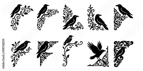 Gothic raven corner borders, set of 10 black crow silhouettes on floral filigree branches, vintage victorian bird frame elements for invitation design