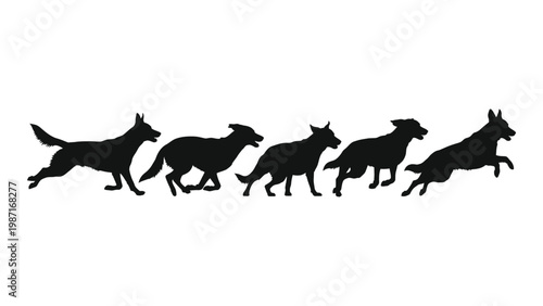 Silhouette sequence depicting a dog running and jumping across a white background