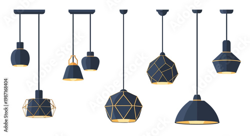 A collection of modern pendant lights in various designs and shapes hanging from the ceiling against a white background