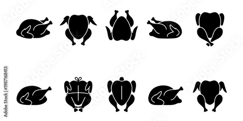 Roasted chicken silhouette icons, set of 10 whole cooked poultry vector elements, black turkey and hen meat symbols for restaurant menus
