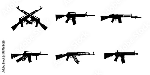 Military assault rifle silhouettes collection, black automatic weapon icons set, tactical firearm vector elements for gaming and security