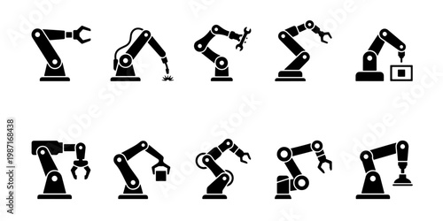Industrial robotic arm icon set, collection of 10 black mechanical manipulator vectors, automated factory assembly line equipment for manufacturing
