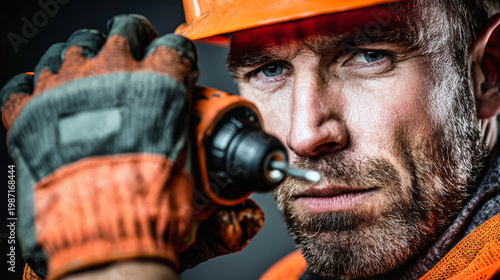 Worker stands with drill in right hand. He wears orange vest, hard hat, and gloves. The background and lighting are set up for a studio scene