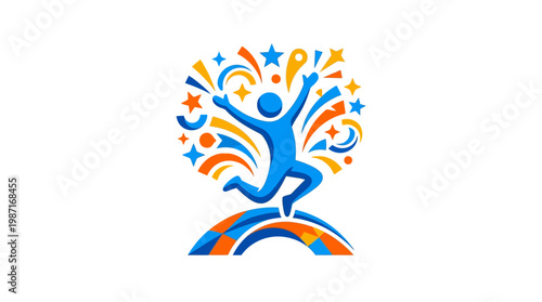 Joyful Figure Jumping with Bursting Starburst Graphic