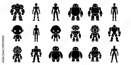Futuristic robot silhouette collection, 18 cyborg and android character icons, black mechanical bot vector set for gaming and sci-fi UI design