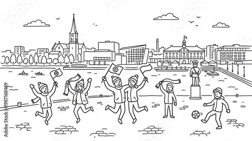 People Celebrating with Flags in a Cityscape