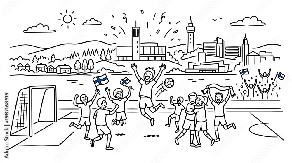Fototapeta premium Finnish Soccer Team Celebrates Victory in Front of Cityscape