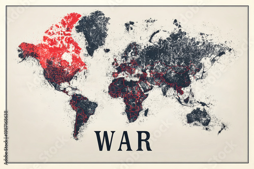 A flat design poster shows a world map with red and black tones. The word War is prominently displayed at the top in large text
