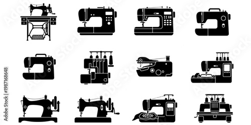 Vintage and modern sewing machine icons, collection of 12 black silhouette vector elements, professional tailoring and dressmaking equipment set