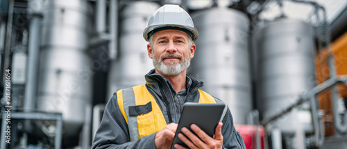 Man works at industrial site wearing hard hat and reflective vest while looking at tablet. Equipment and gas tanks are present behind him in the scene