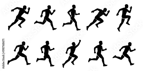 Running man silhouette set of 10 vector icons, male runner sprinting animation sequence, athletic person jogging in various poses for sports design