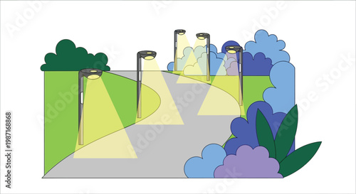 A vibrant cartoon illustration of a winding road with streetlights and colorful trees and bushes