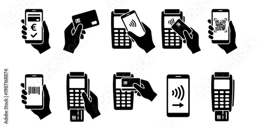 Contactless payment icons set, mobile wallet and credit card transactions, 10 black vector silhouettes of wireless terminal and smartphone banking