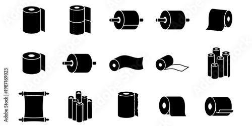 Toilet paper roll icons set, black paper towel and bathroom tissue vector symbols, 15 hygiene and sanitation silhouettes for web design