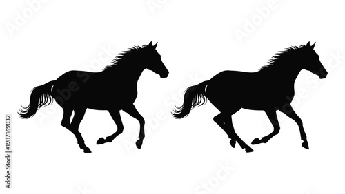 Two black silhouettes of horses in dynamic running poses against a white background