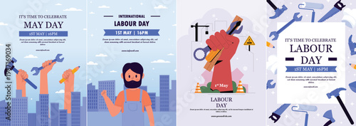  International Labour Day May Day poster set with worker tools raised fist and construction theme flat vector
