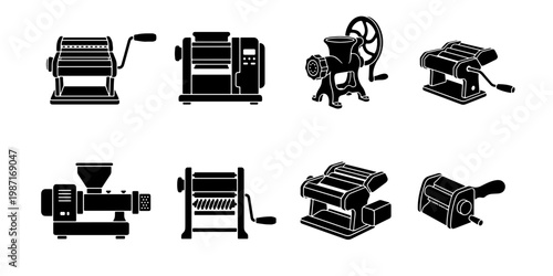 Pasta machine icon set, 8 black silhouette pasta maker vectors, manual and electric noodle rollers, kitchen appliance collection for culinary design