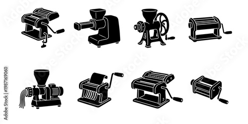Vintage pasta maker icons set, manual noodle machine vector illustrations, 8 black kitchen appliance silhouettes for culinary design