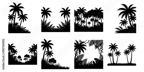 Tropical palm tree silhouettes, black jungle landscape elements, set of 8 exotic plant vector icons, summer beach forest scenery for vacation design