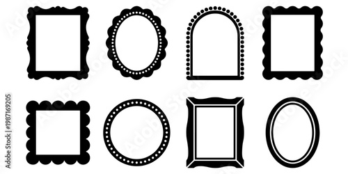 Vintage picture frame silhouettes, set of 8 ornate black borders. Antique decorative mirror frames. Elegant Victorian gallery wall vector elements.