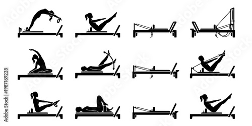 Pilates reformer silhouette icons, set of 12 fitness exercise vectors, woman practicing pilates on machine, gym workout equipment graphics