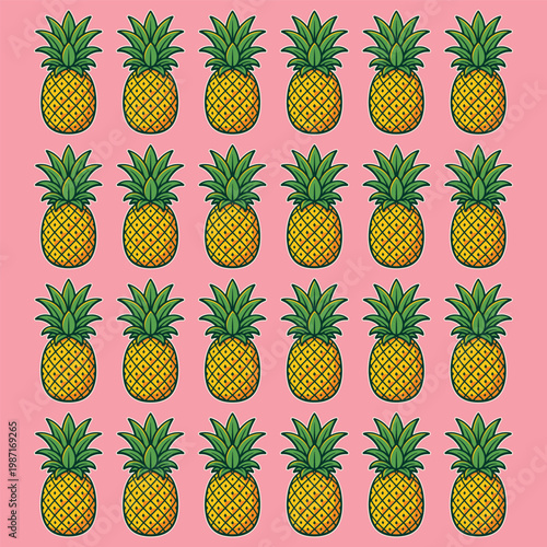Seamless pineapple pattern with tropical fruit leaves sweet summer background decorative wallpaper illustration