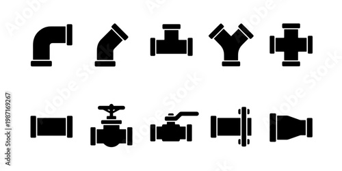 Industrial pipe fitting icons set, black plumbing connector silhouettes, 10 vector pipe valve and joint elements for engineering and construction