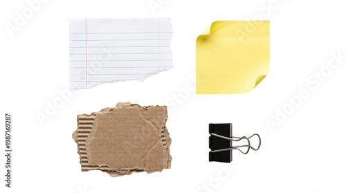 Φωτογραφία Academic collage set with torn lined paper yellow sticky note and binder clip on