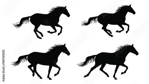 Four silhouettes of running horses depicted in a simple black and white style