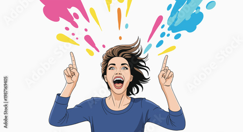 Excited and joyful woman shouting with arms raised as colorful paint splashes explode from the top of her head against a white background.