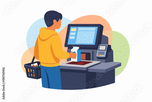 Man Using Self Service Checkout Counter in Retail Store