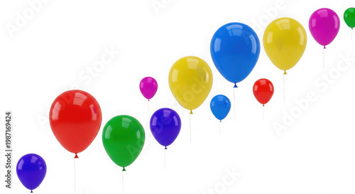 Collection of colorful balloons floating upwards as transparent PNG