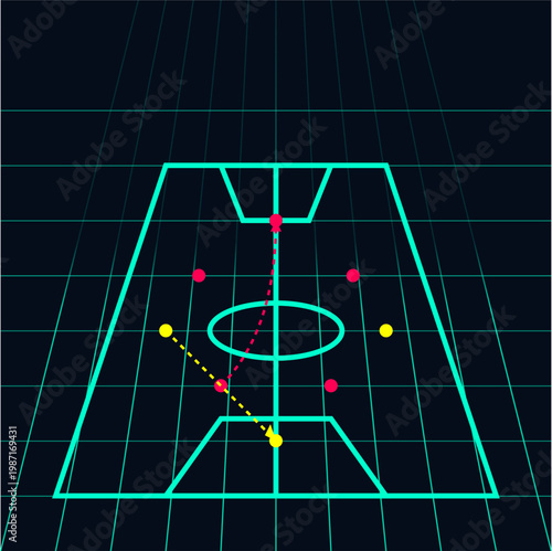 Futuristic neon basketball court tactical board with glowing lines and player movement paths dark Illustration