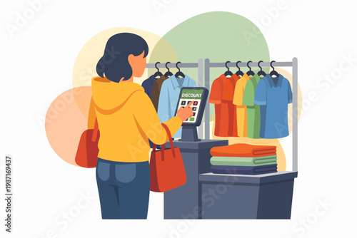 Woman using self service point of sale terminal in a clothing store