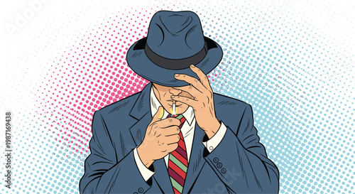 Mysterious man in a fedora hat and suit lighting a cigarette with a lighter, his face partially hidden, in a classic film noir detective style.