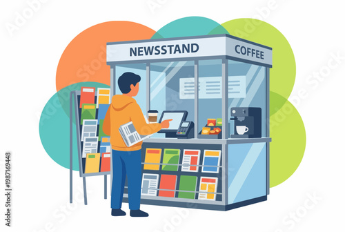 Customer Buying Newspaper and Coffee at Modern Newsstand Kiosk